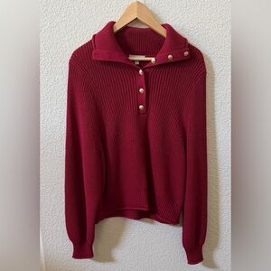 J.CREW Large Ribbed Knit Henley Mock Neck Sweater Gold Crest Buttons Crimson Red
